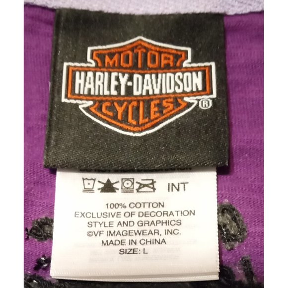 Harley Davidson Gowanda, NY Purple Shirt Rhinestones Roses Cuffed Sleeves Sz L - Picture 6 of 6